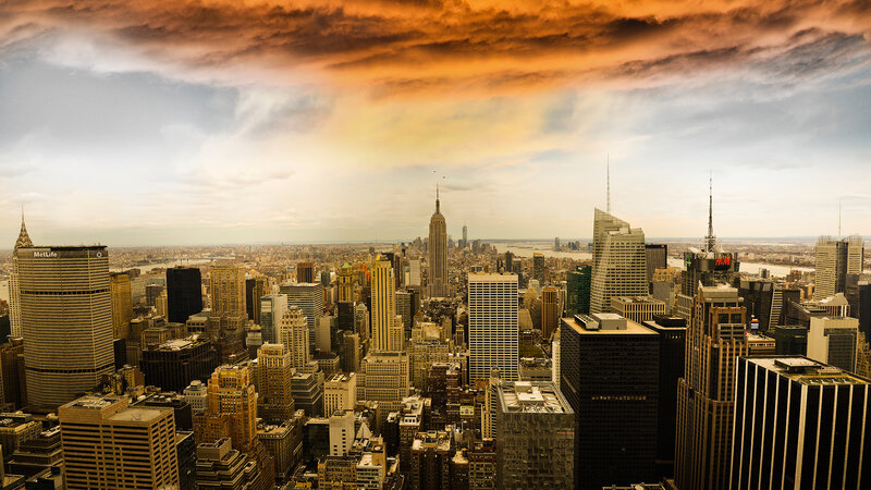 New York City Skyline — Orange, Dramatic, Sunset, Photograph, Skyscrapers, Clouds
