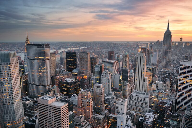 New York City Skyline — Orange, Dramatic, Sunset, Photograph, Skyscrapers, Empire State Building, Chrysler Building
