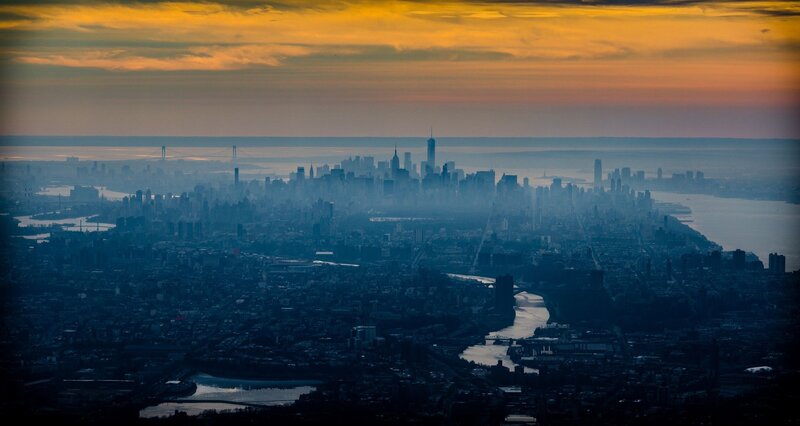 New York City Skyline — Orange, Dramatic, Sunset, Photograph, Skyscrapers, River, Bridge