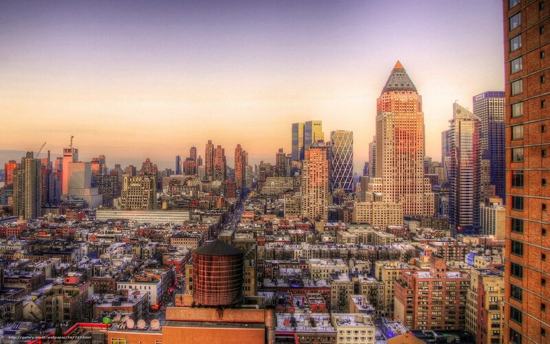 New York City Skyline — Orange, Dramatic, Sunset, Photograph, Skyscrapers, Water Tower, Buildings