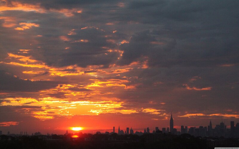 New York City Skyline — Orange, Dramatic, Sunset, Photograph, Sun