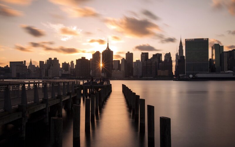 New York City Skyline — Orange, Serene, Sunset, Photograph, Skyscraper