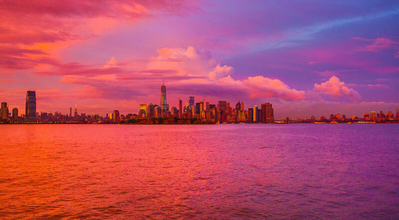 New York City Skyline — Pink, Dramatic, Sunset, Photograph