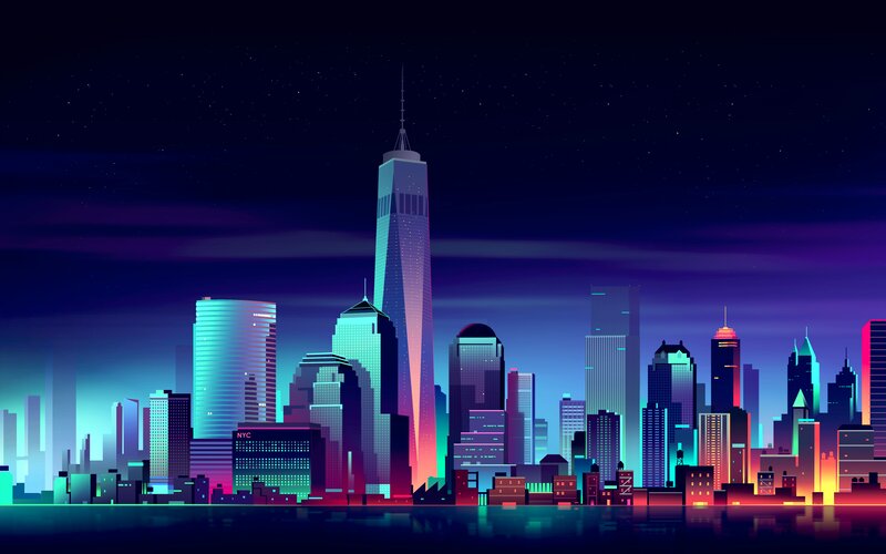 New York City Skyline — Purple, Dramatic, Night, Digital Art