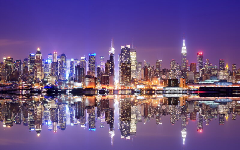 New York City Skyline — Purple, Dramatic, Night, Photograph, Skyscrapers, River, Reflection