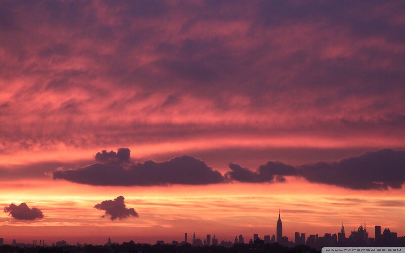 New York City Skyline — Purple, Dramatic, Sunset, Photograph, Clouds