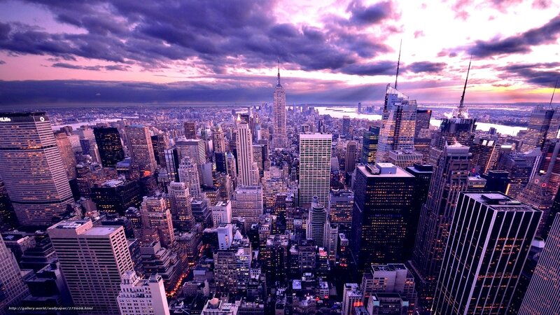 New York City Skyline — Purple, Dramatic, Sunset, Photograph, Skyscrapers, Clouds