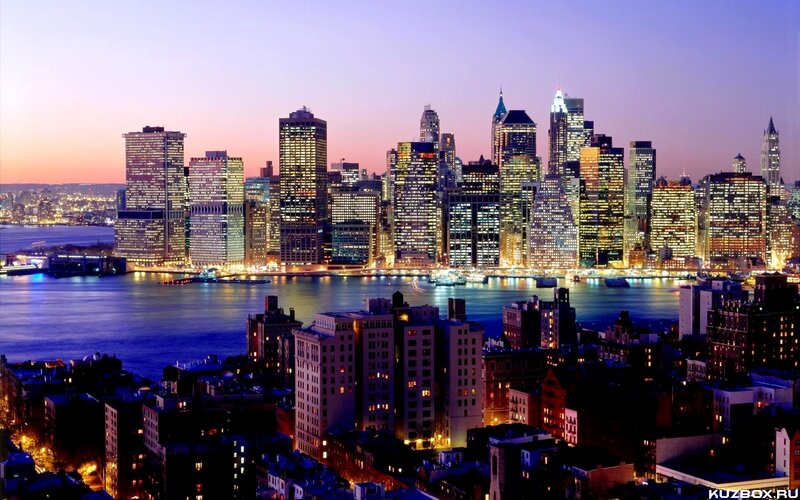 New York City Skyline — Purple, Dramatic, Sunset, Photograph, Skyscrapers, River, Boats