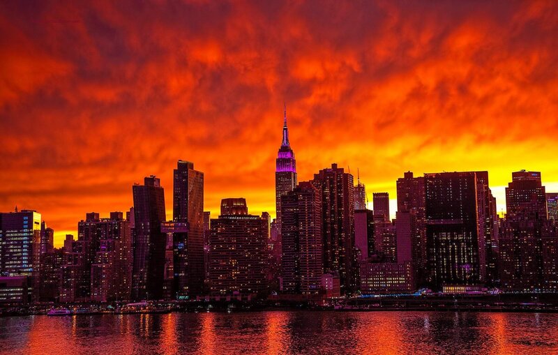 New York City Skyline — Red, Dramatic, Sunset, Photograph