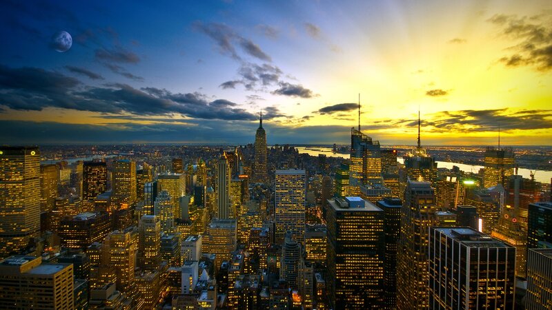 New York City Skyline — Yellow, Dramatic, Sunset, Photograph, Skyscrapers, Moon