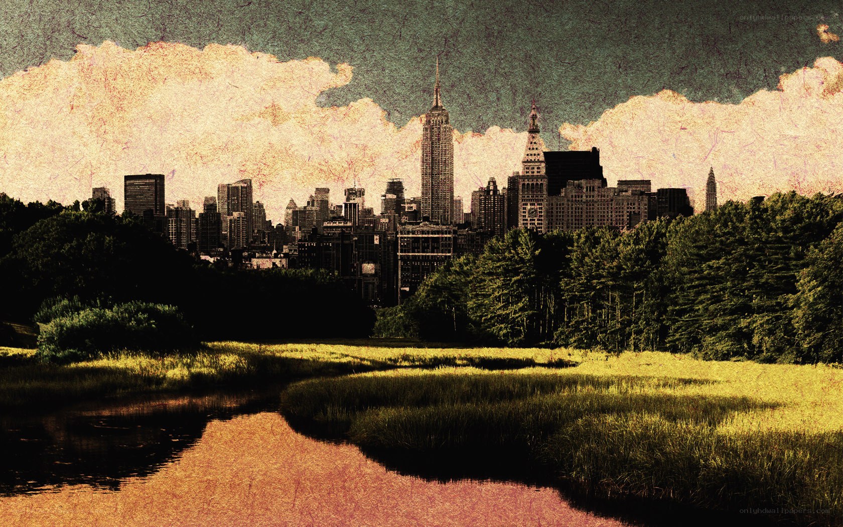 New York skyline from park