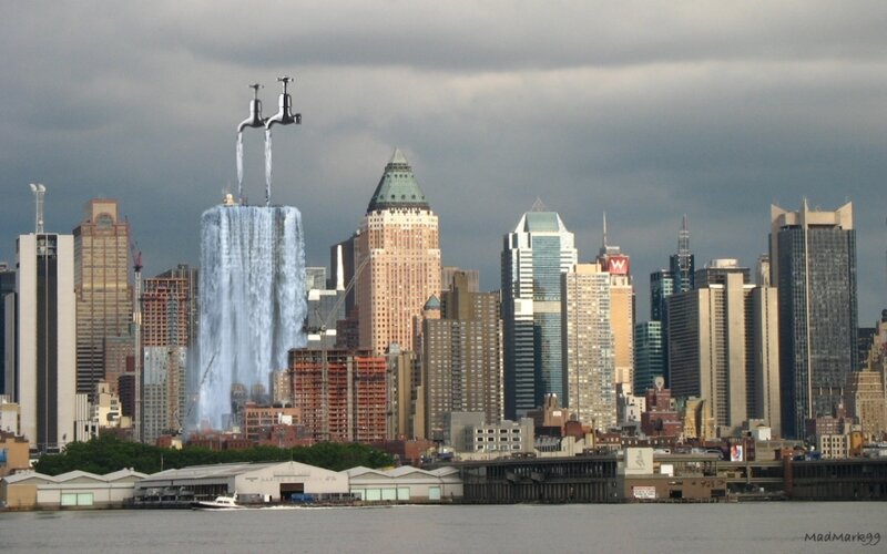 New York skyline with water faucet
