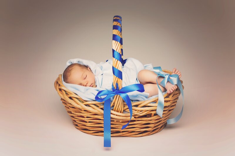 Newborn Baby in Basket — Blue, Serene, Photograph, Blanket