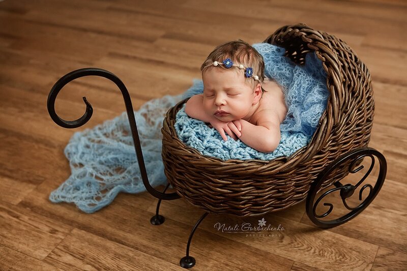 Newborn Baby in Basket — Blue, Serene, Photograph, Headband