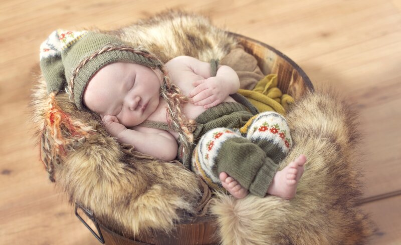 Newborn Baby in Basket — Brown, Serene, Photograph, Fur, Hat