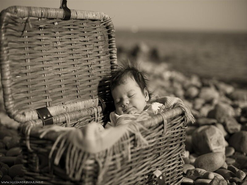 Newborn Baby in Basket — Brown, Serene, Sunset