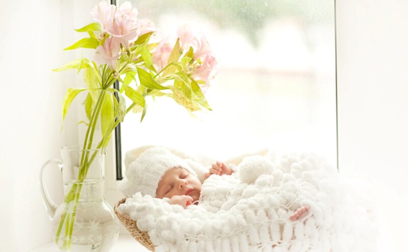 Newborn Baby in Basket — White