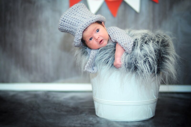 Newborn Baby in Bucket — Gray