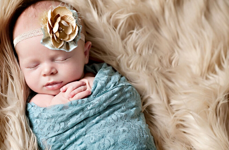 Newborn Baby Sleeping — Blue, Serene, Photograph, Flower Headband