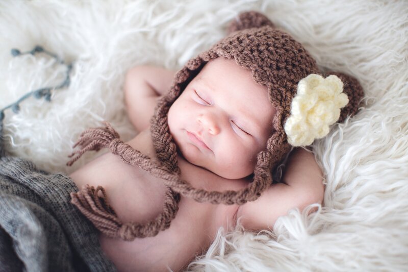 Newborn Baby Sleeping — Brown, Serene, Photograph, Knit Hat, White Blanket