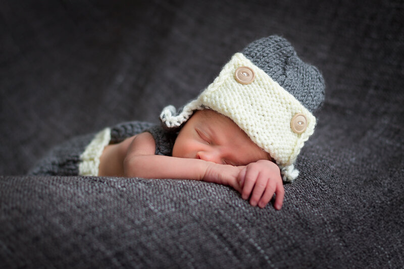 Newborn Baby Sleeping — Gray, Serene, Photograph, Knit Hat, Blanket