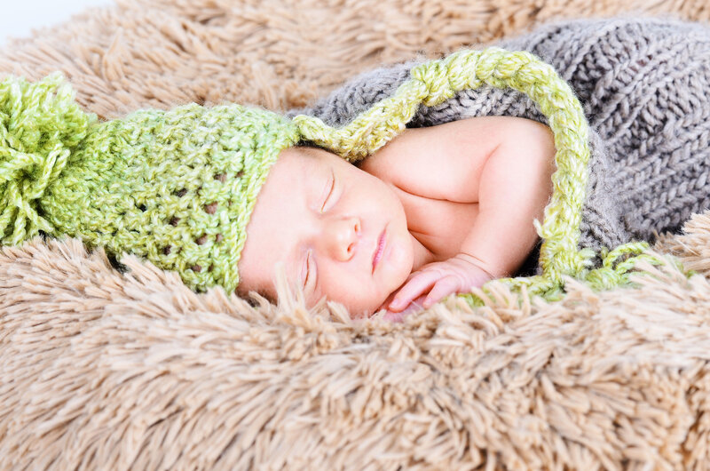 Newborn Baby Sleeping — Green, Serene, Photograph, Knit Hat, Blanket