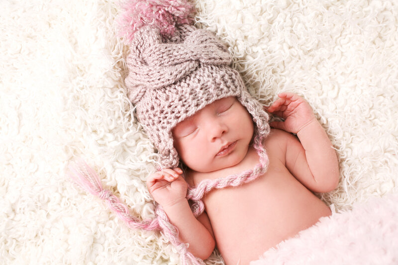Newborn Baby Sleeping — Pink, Serene, Photograph, Knit Hat, Fluffy Blanket