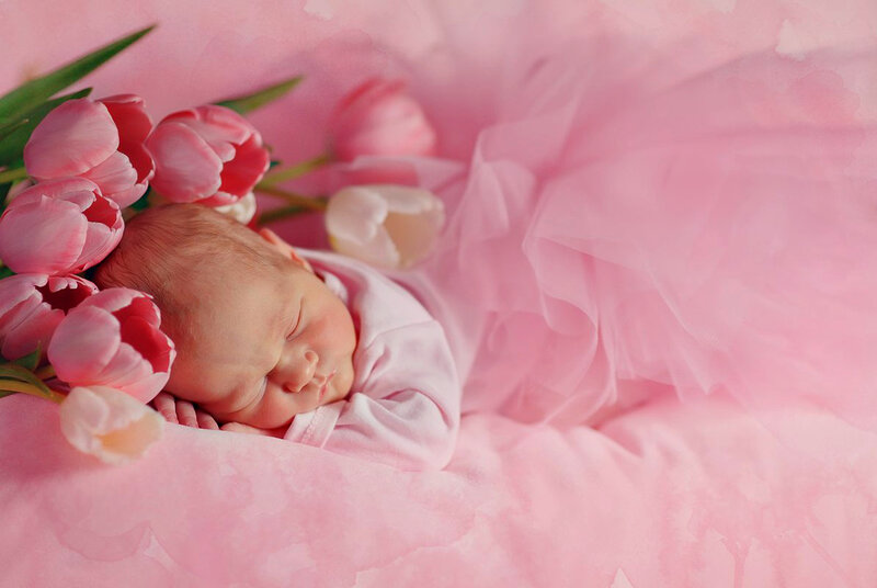 Newborn Baby Sleeping — Pink, Serene, Photograph, Tulips