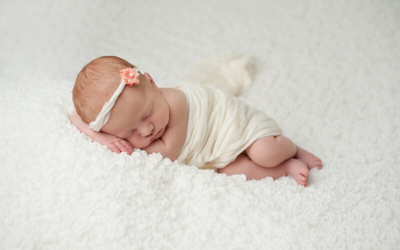 Newborn Baby Sleeping — White, Serene, Photograph, Headband, Blanket, Wrapping