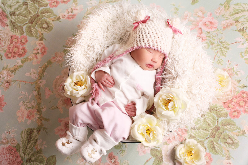 Newborn Baby Sleeping — White, Serene, Photograph, Knit Hat, Flowers