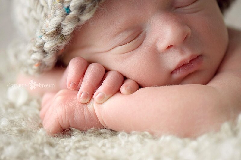 Newborn Baby Sleeping — White, Serene, Photograph, Knit Hat, Furry Blanket