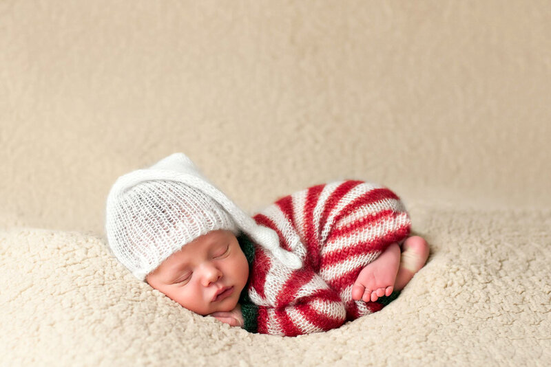 Newborn Baby Sleeping — White, Serene, Photograph, Knit Hat, Striped Blanket