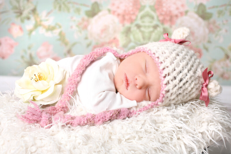 Newborn Baby Sleeping — White, Serene, Photograph, Knit Hat, White Flower