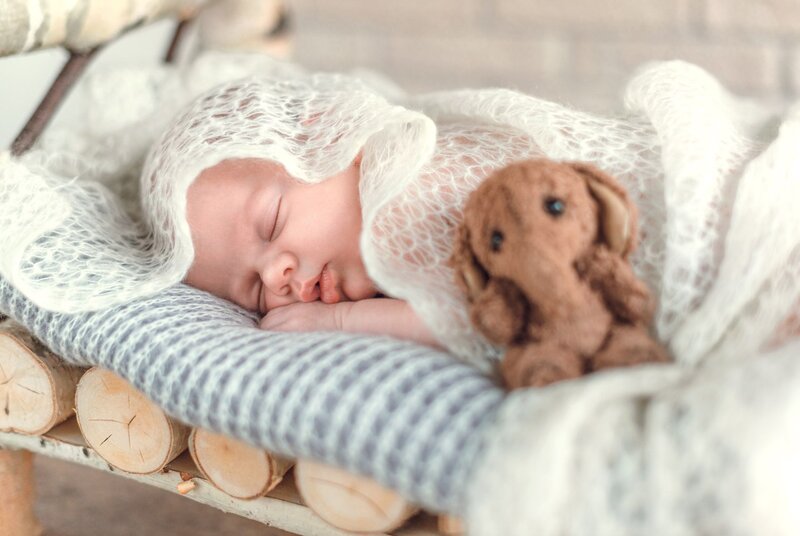 Newborn Baby Sleeping — White, Serene, Photograph, Stuffed Animal