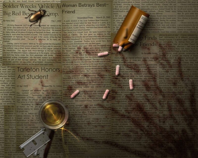 Newspaper collage with insects and objects