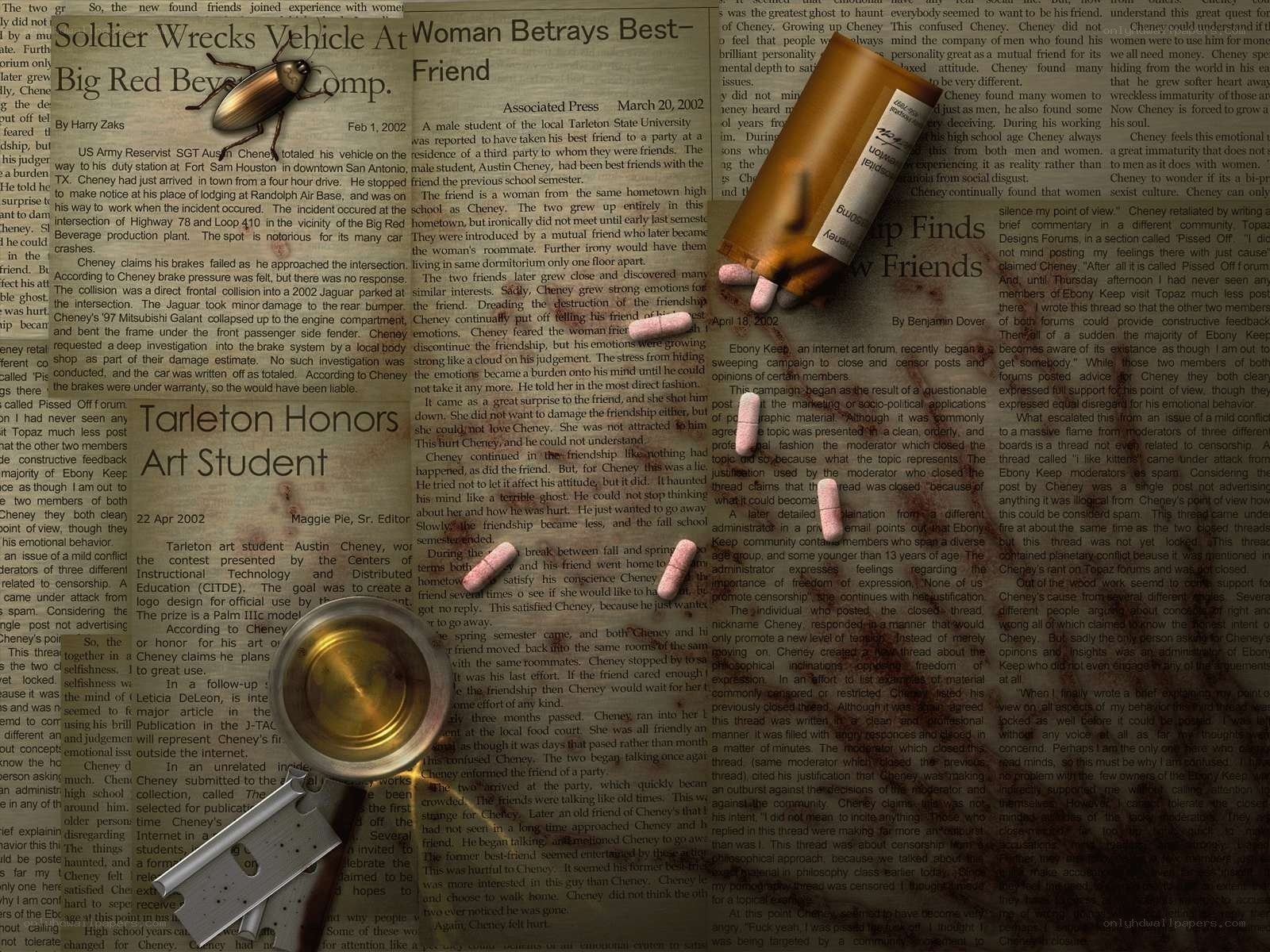 Newspaper collage with magnifying glass