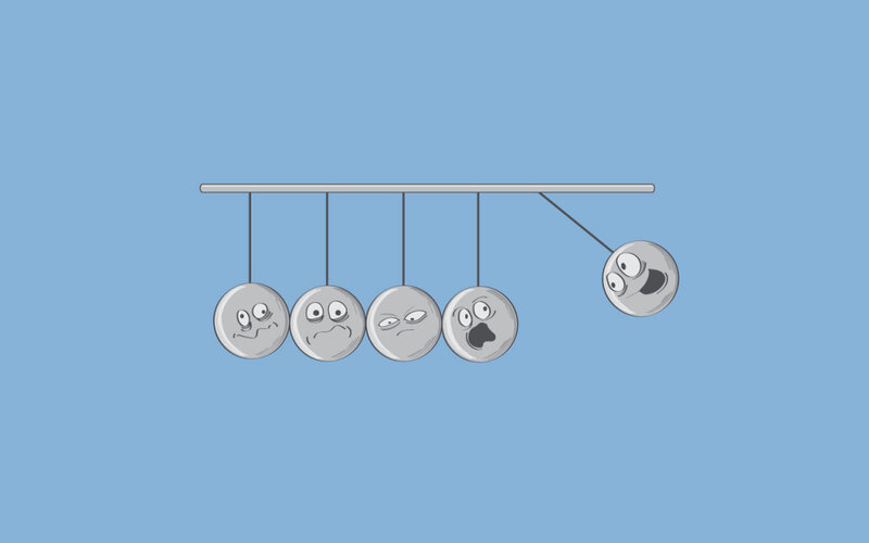 Newton's Cradle with Faces — Blue, Calm, Illustration, Spheres