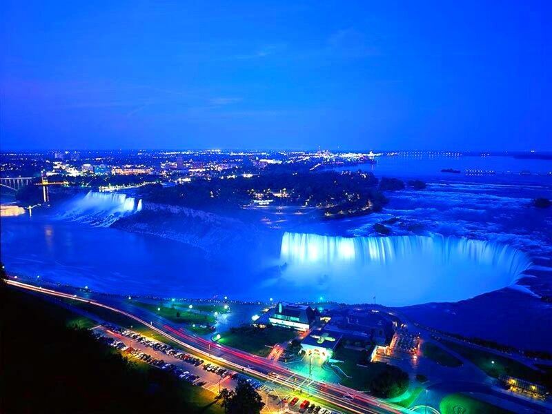 Niagara Falls at Night — Blue, Dramatic, Photograph, City Lights, Bridge, Parking Lot