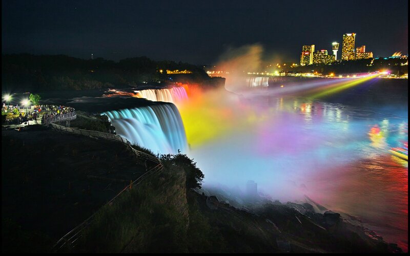 Niagara Falls at Night — Blue, Dramatic, Photograph, City Skyline, Rainbow