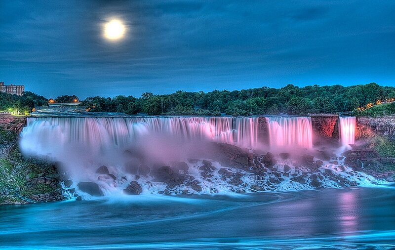 Niagara Falls at Night — Blue, Dramatic, Photograph, Moon