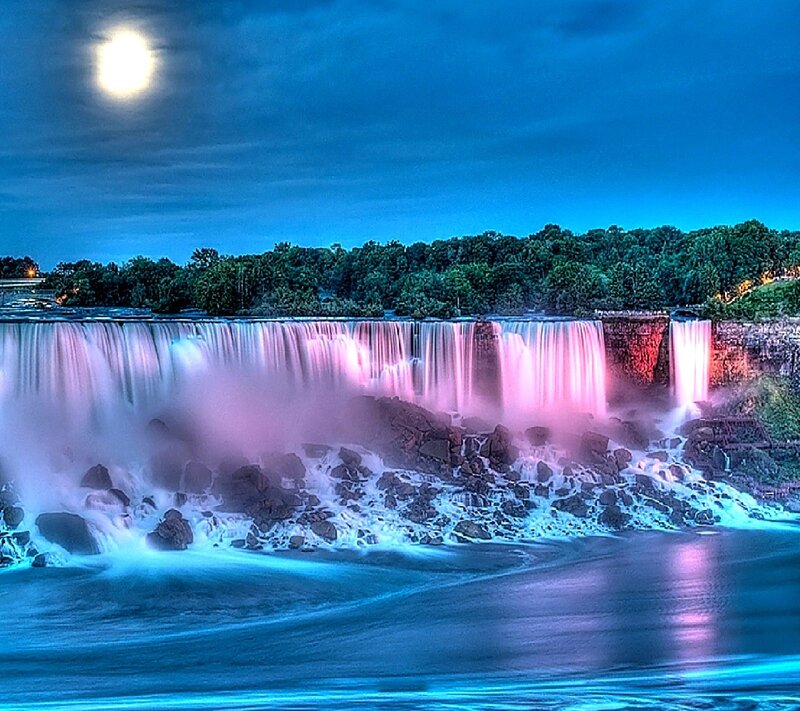 Niagara Falls at Night — Blue, Dramatic, Photograph, Moon, Trees