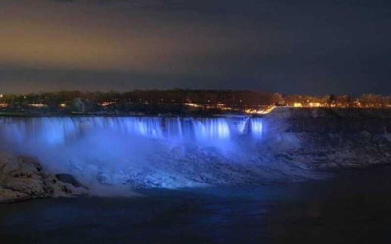 Niagara Falls at Night — Blue, Dramatic, Photograph, Waterfall, City Lights
