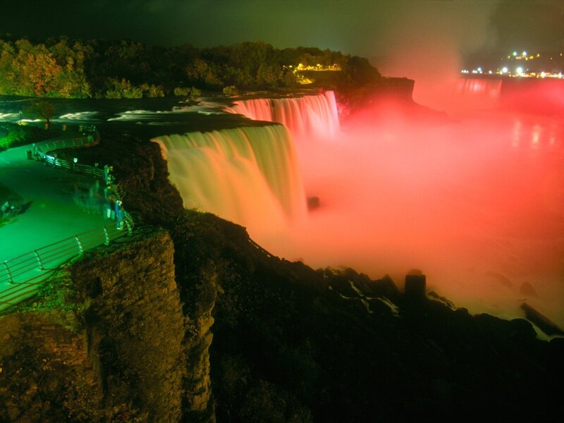Niagara Falls at Night — Red, Dramatic, Photograph, Fog, Walkway