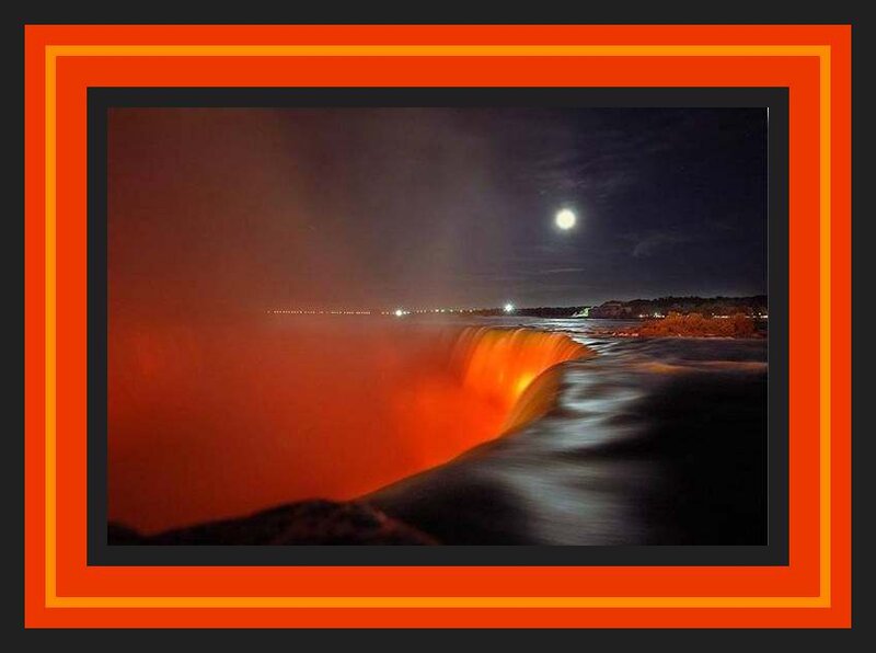 Niagara Falls at Night — Red, Dramatic, Photograph, Moon