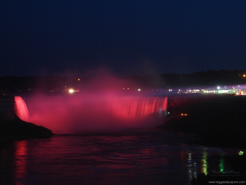Niagara Falls at Night — Red, Dramatic, Photograph, Waterfall, Lights