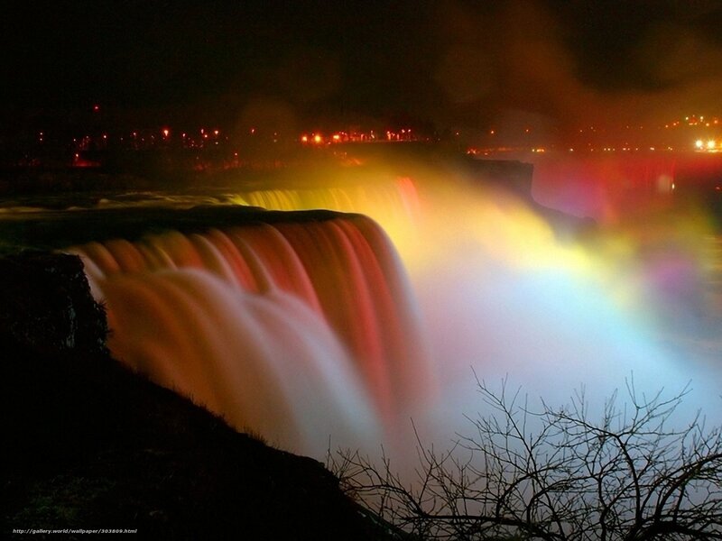 Niagara Falls at Night — Yellow, Dramatic, Photograph, Rainbow, City Lights