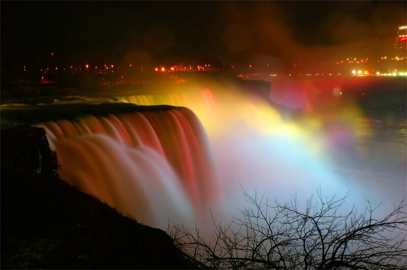 Niagara Falls at Night — Yellow, Dramatic, Photograph, Rainbow