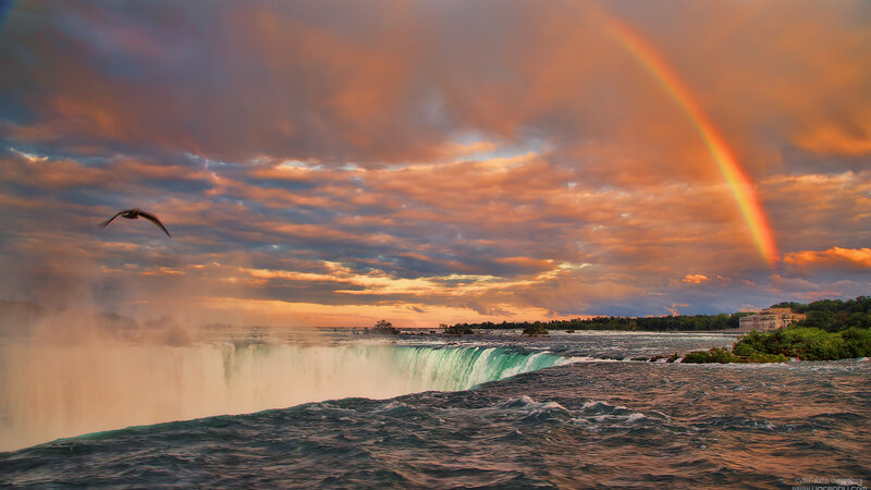 Niagara Falls at Sunset — Orange, Dramatic, Photograph, Rainbow
