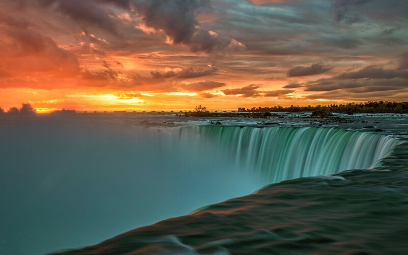 Niagara Falls at Sunset — Orange, Dramatic, Photograph, Sky, River