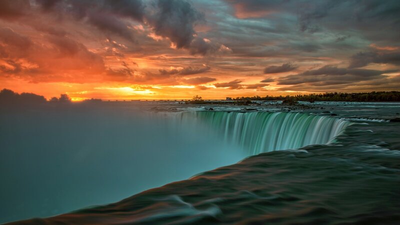 Niagara Falls at Sunset — Orange, Dramatic, Photograph, Sky, River, Trees